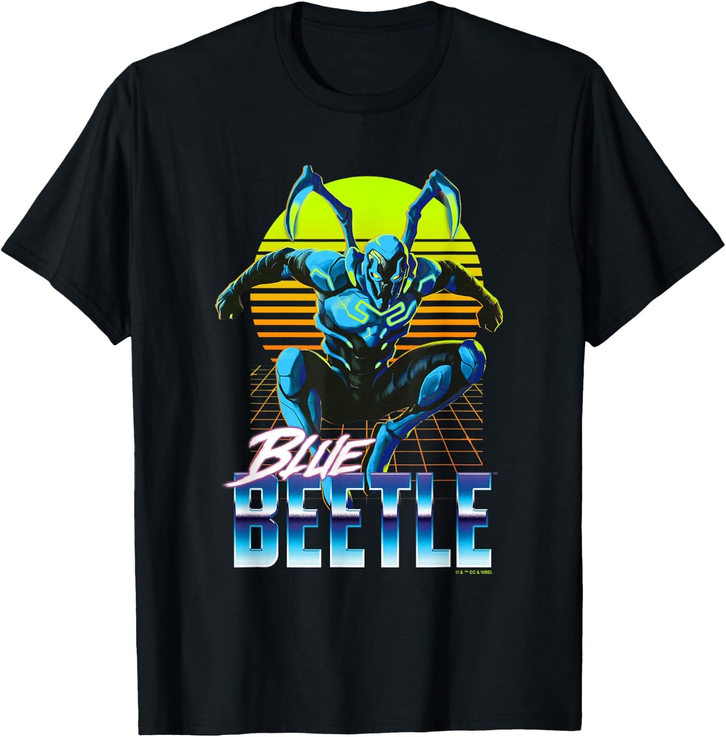 Blue Beetle Jumping Into Action Neon Gridline Background T-Shirt - T-Shirt | Black