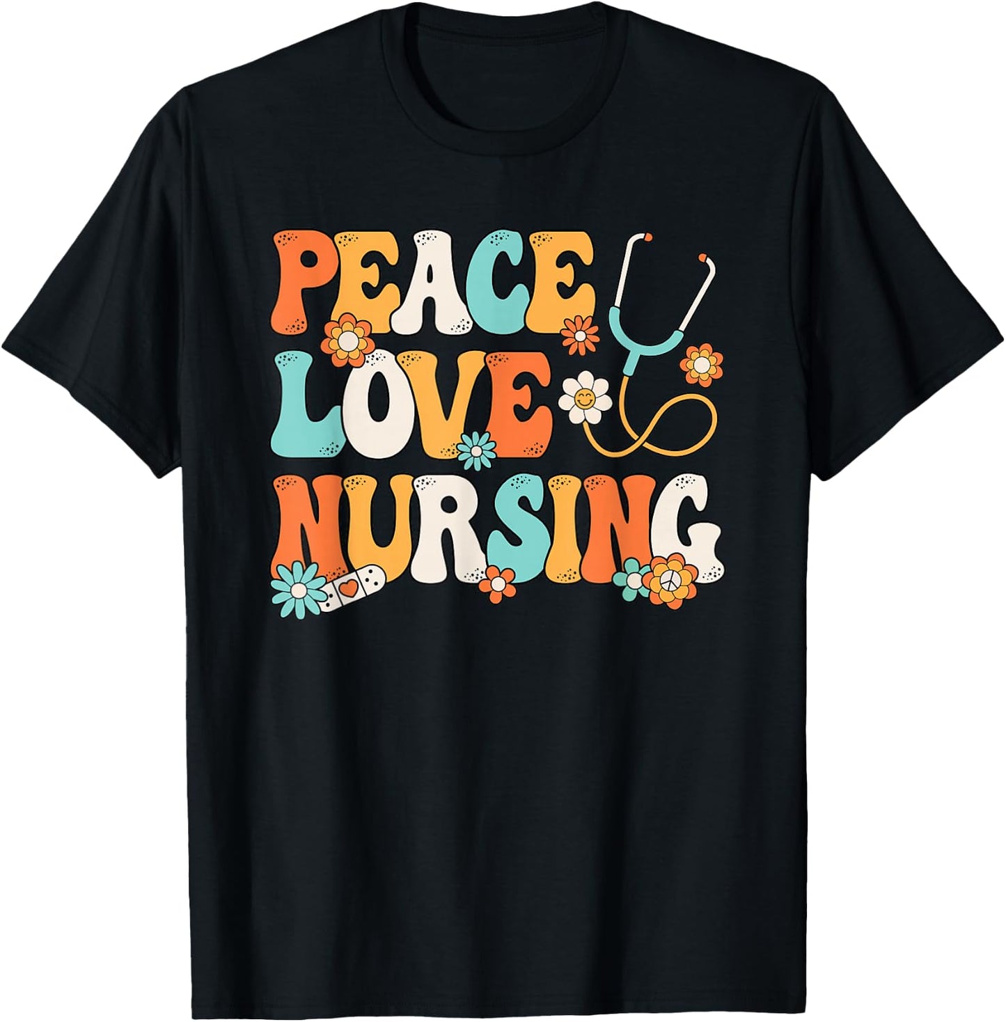 Peace Love Nursing Groovy Nurse Women Girls T-Shirt - T-Shirt | Black