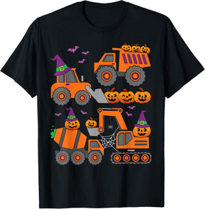 Pumpkin Halloween Construction Vehicle Excavator Truck Kids T-Shirt - T-Shirt | Black