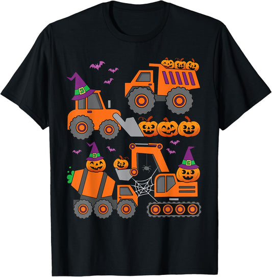 Pumpkin Halloween Construction Vehicle Excavator Truck Kids T-Shirt - T-Shirt | Black
