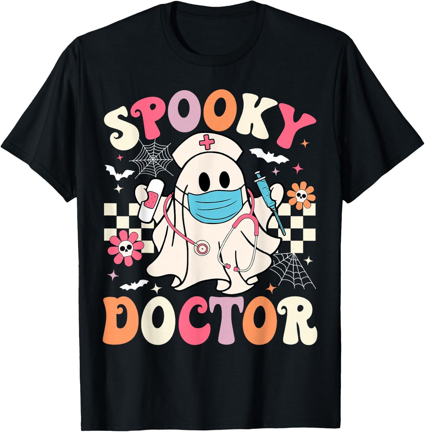 Spooky Doctor Ghost Halloween Cute Groovy Doctor Halloween T-Shirt - T-Shirt | Black