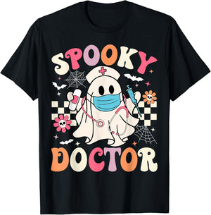Spooky Doctor Ghost Halloween Cute Groovy Doctor Halloween T-Shirt - T-Shirt | Black