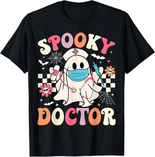 Spooky Doctor Ghost Halloween Cute Groovy Doctor Halloween T-Shirt - T-Shirt | Black