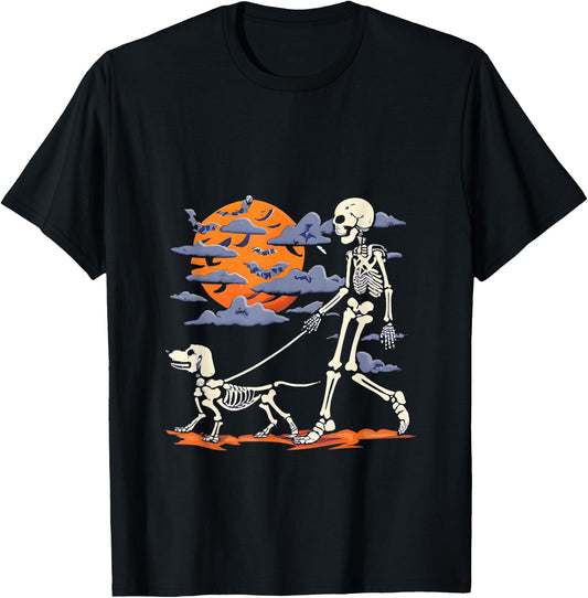 Skeleton man Skeleton Dog Walking Halloween Costume moon T-Shirt - T-Shirt | Black
