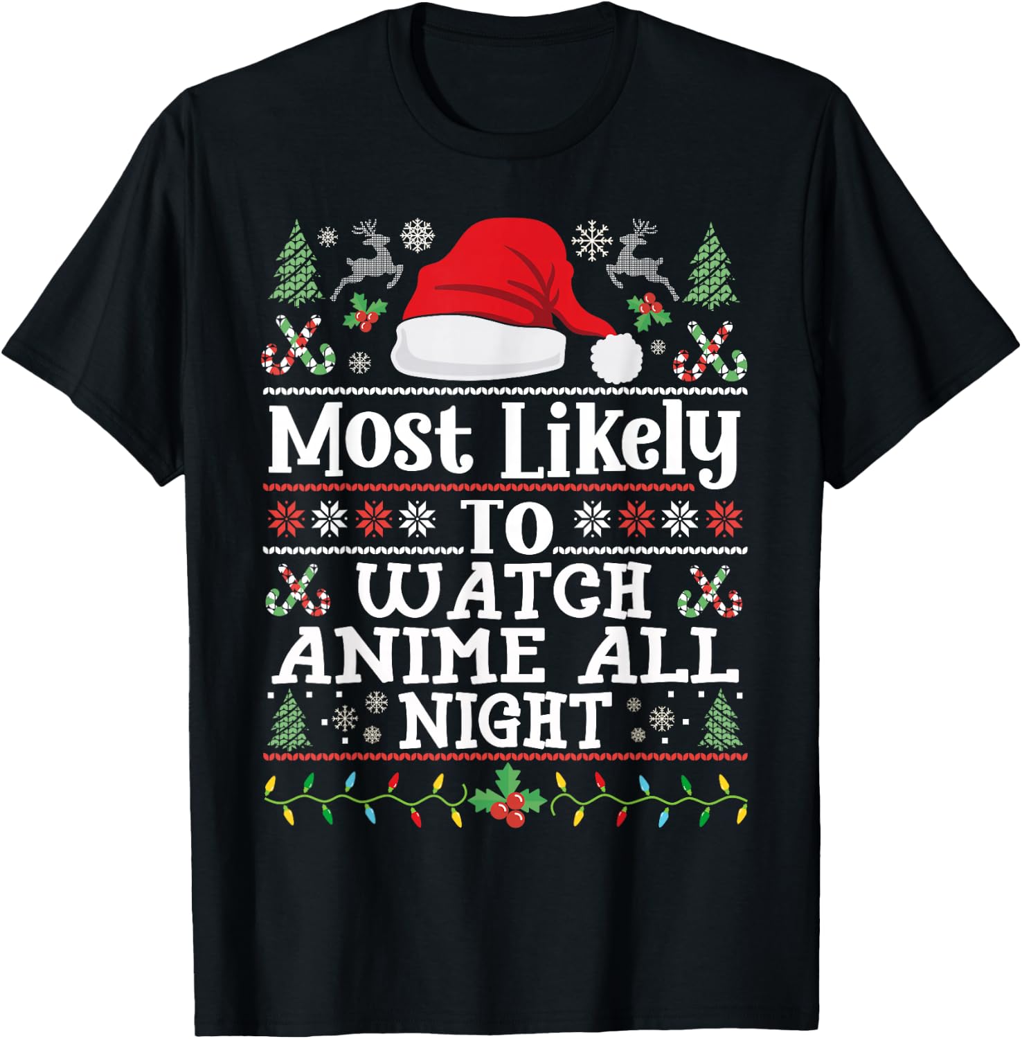 Watch Anime all night - Funny Christmas Family Manga Anime T-Shirt - T-Shirt | Black