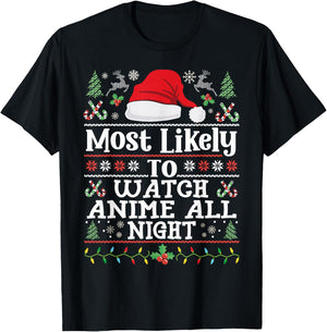 Watch Anime all night - Funny Christmas Family Manga Anime T-Shirt - T-Shirt | Black