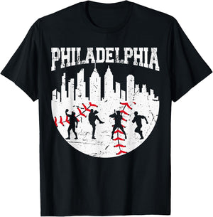 Vintage Philadelphia Skyline Philly Cityscape Baseball Fans T-Shirt - T-Shirt | Black