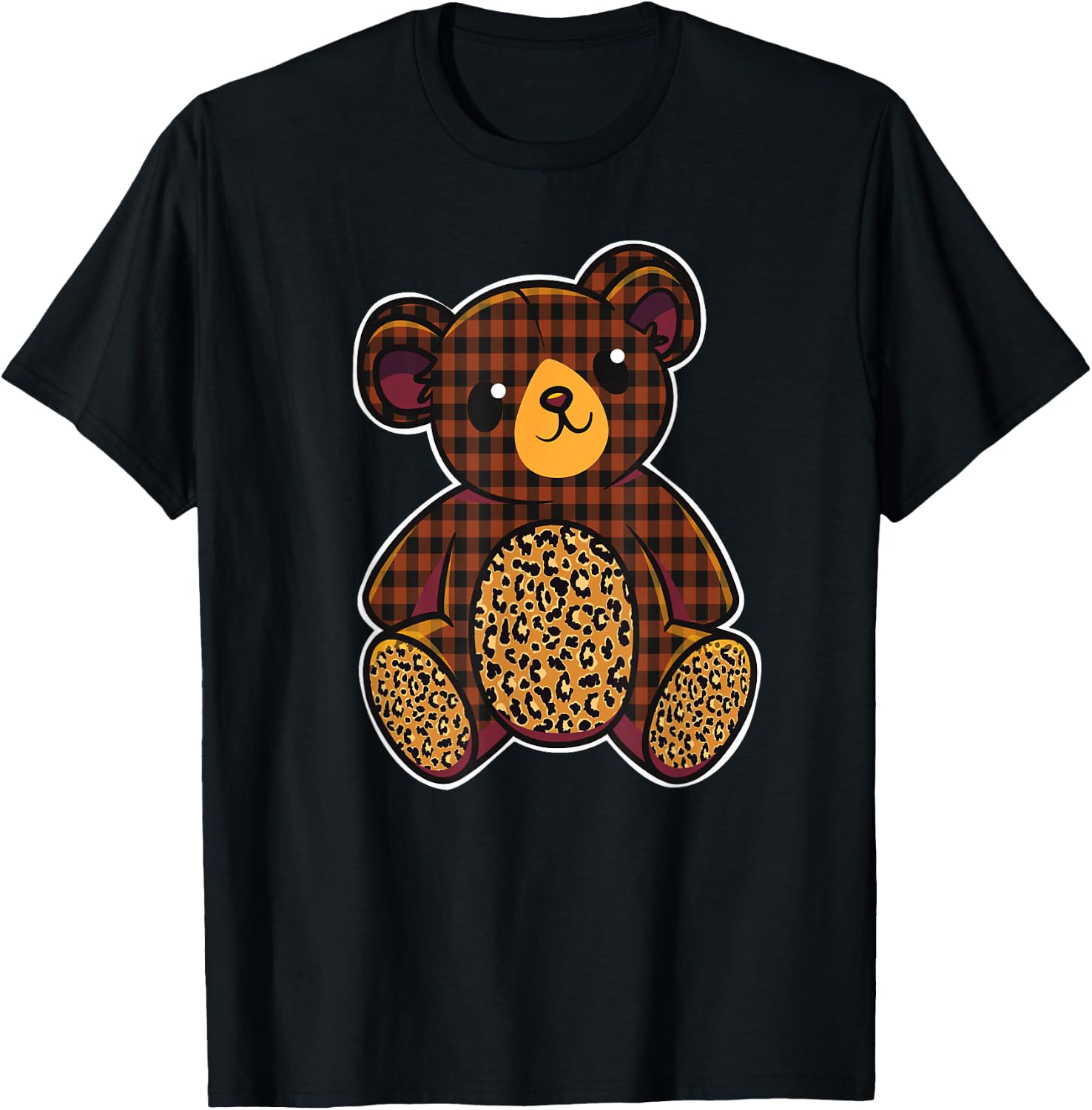 Cute Checkered Brown Teddy Bear T-Shirt - T-Shirt | Black