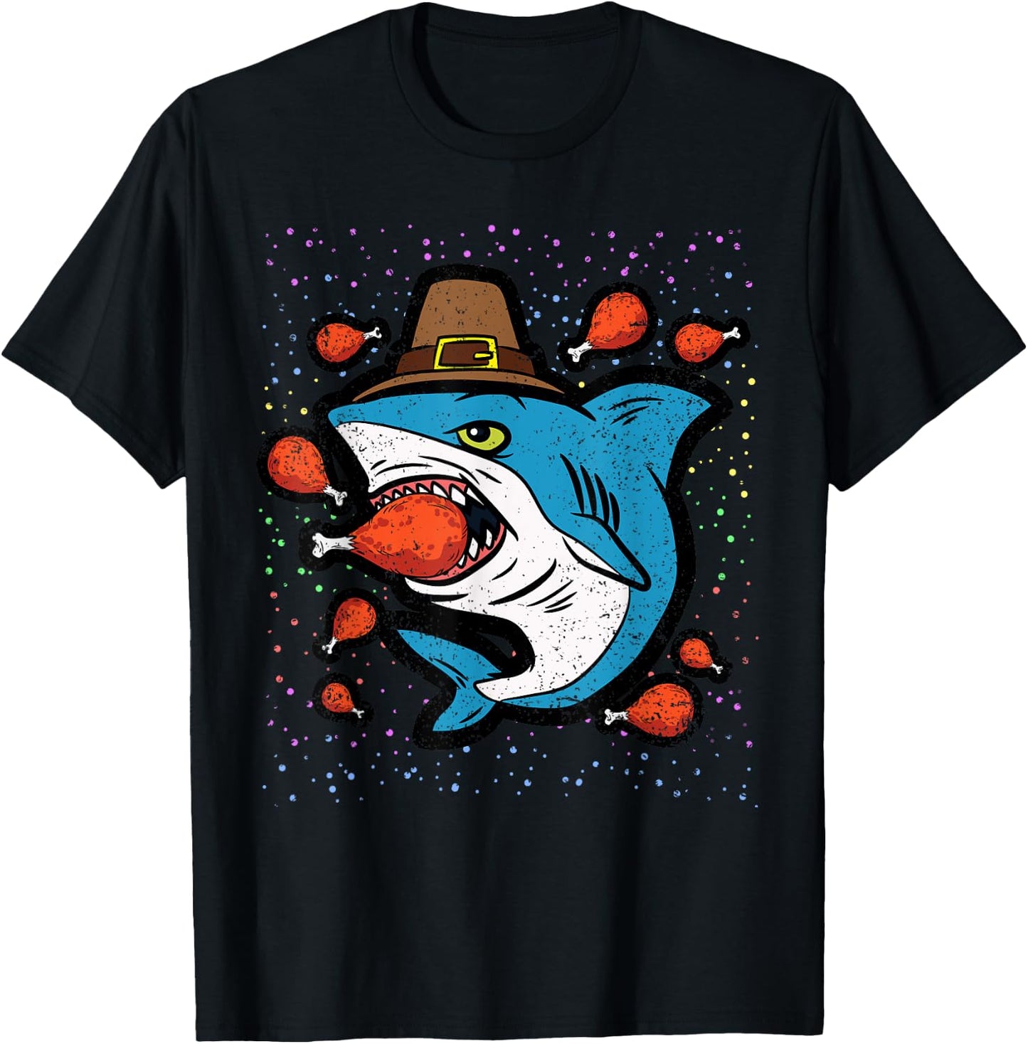 Shark Eating Turkey Leg Thanksgiving Day Funny Fall Autumn T-Shirt - T-Shirt | Black
