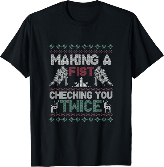 Making A Fist Checking You Twice Ugly Christmas Pajama Party T-Shirt - T-Shirt | Black