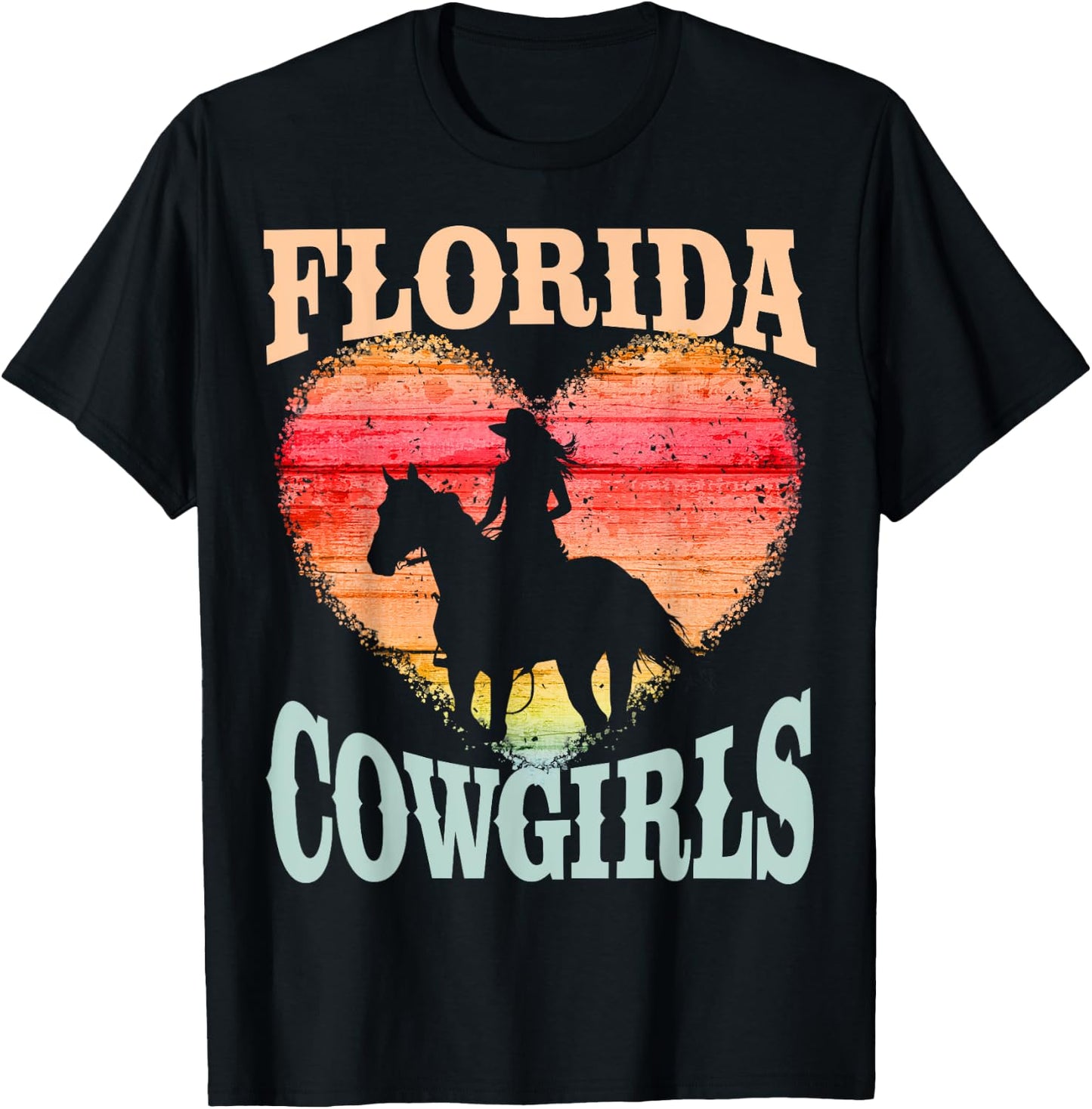 Florida Cowgirls Girl Riding Horse Silhouette Ombre Heart T-Shirt - T-Shirt | Black