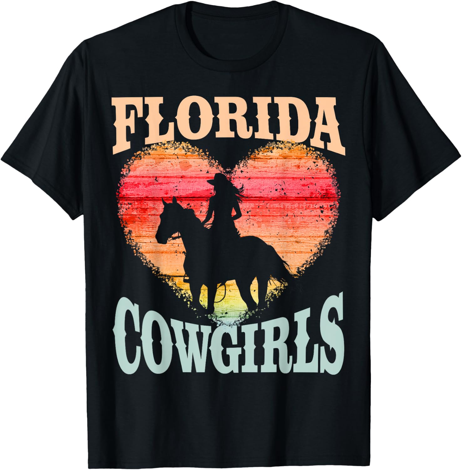 Florida Cowgirls Girl Riding Horse Silhouette Ombre Heart T-Shirt - T-Shirt | Black