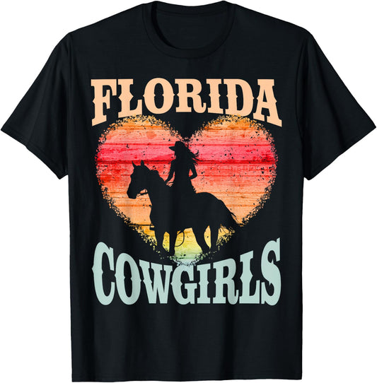 Florida Cowgirls Girl Riding Horse Silhouette Ombre Heart T-Shirt - T-Shirt | Black