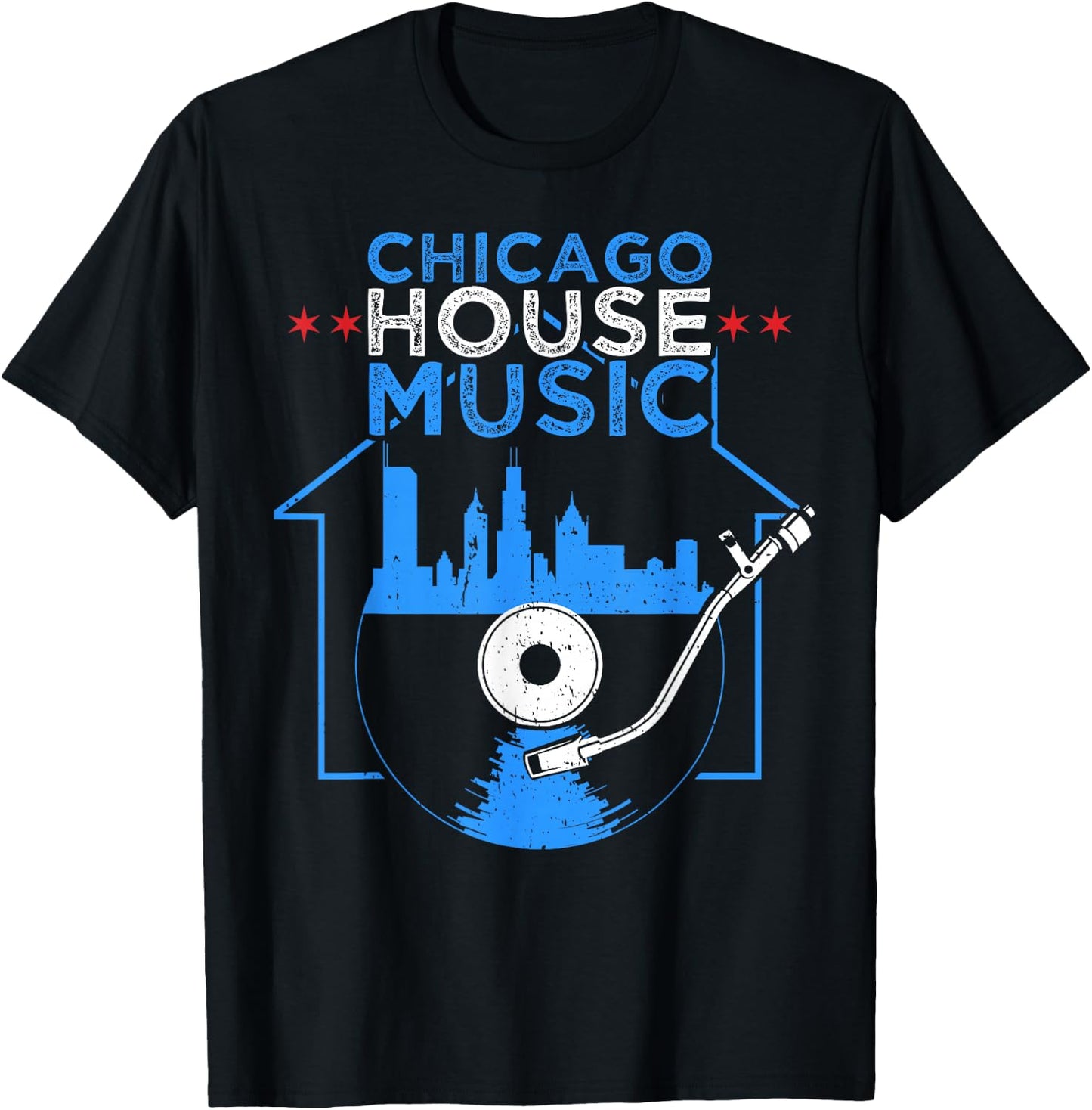Chicago House Music Vinyl Dj Raver Flag Skyline Apparel T-Shirt - T-Shirt | Black