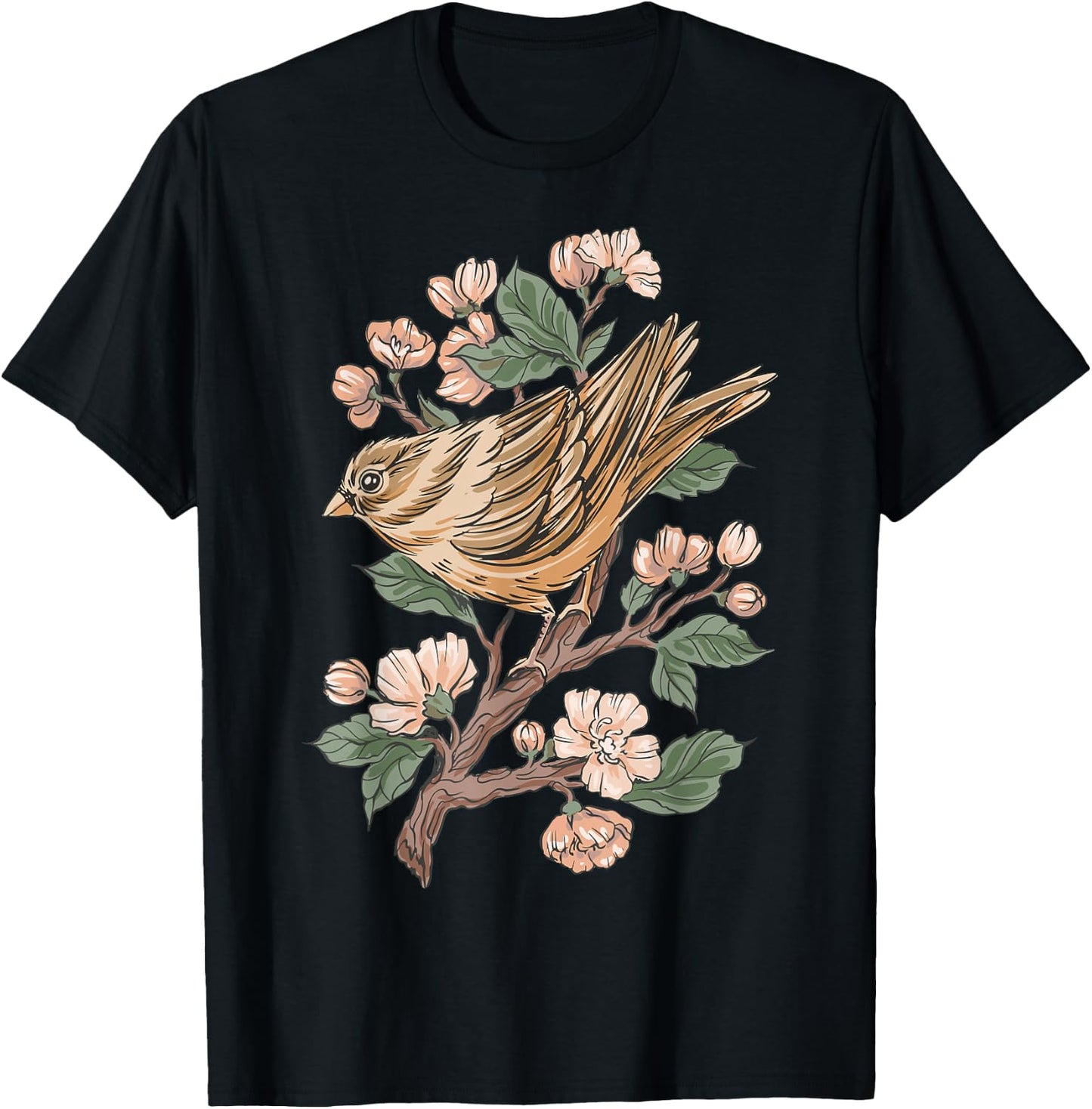 Sparrow Bird and Cherry Blossoms T-Shirt - T-Shirt | Black