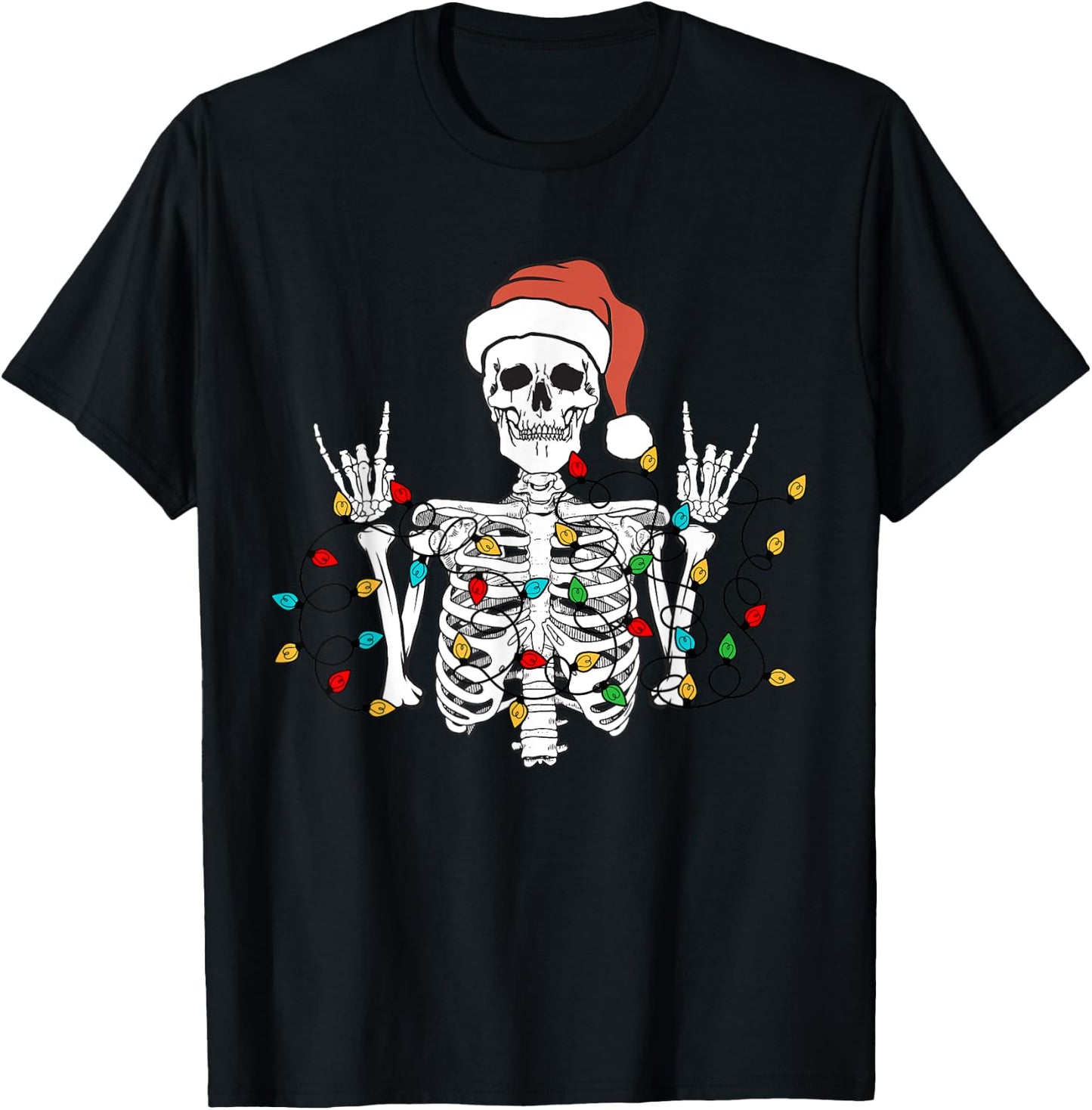 Christmas Skeleton Rocker Wrapped in Xmas Lights Santa Hat T-Shirt - T-Shirt | Black
