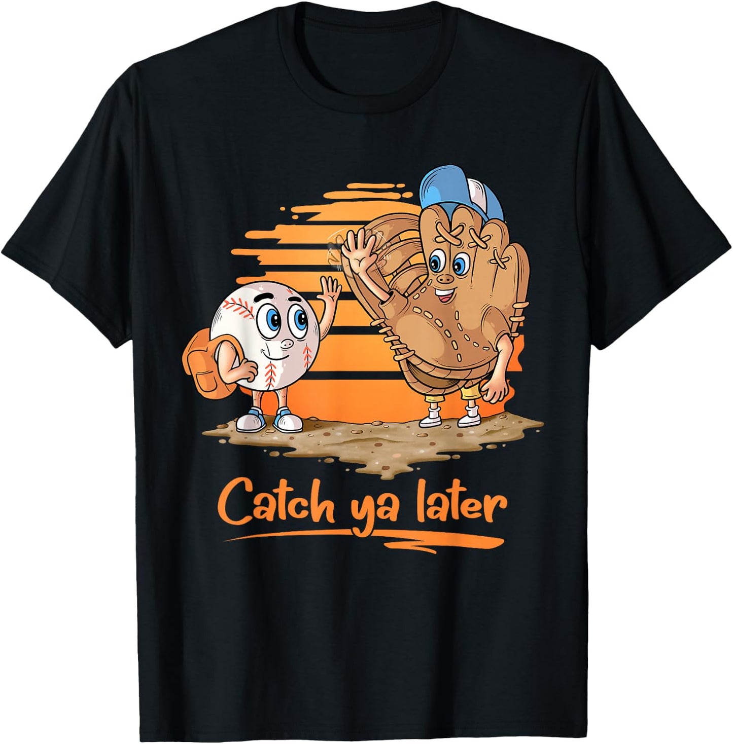 Catch ya Later Cartoon Baseball Glove and Baseball Ball T-Shirt - T-Shirt | Black