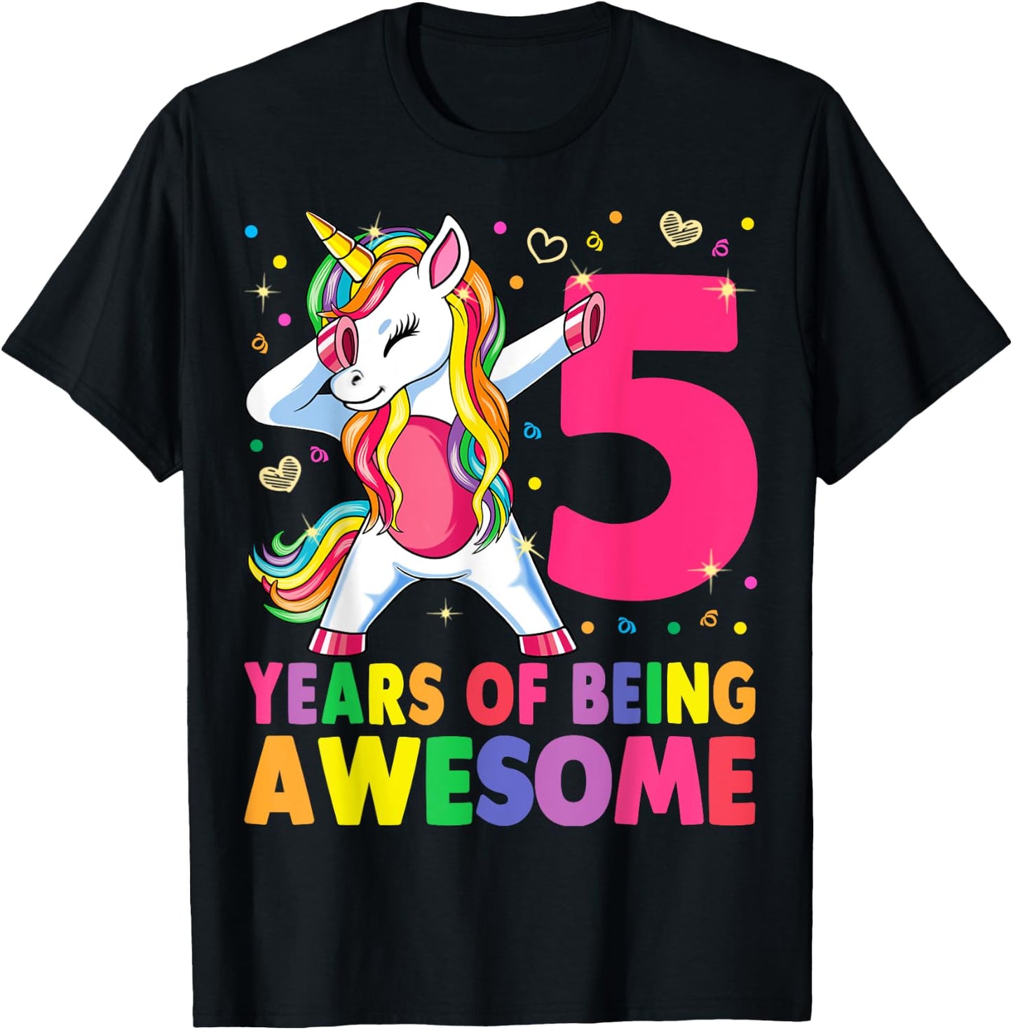 5 Years Old Unicorn Dabbing 5th Birthday Girl Unicorn Party T-Shirt - T-Shirt | Black
