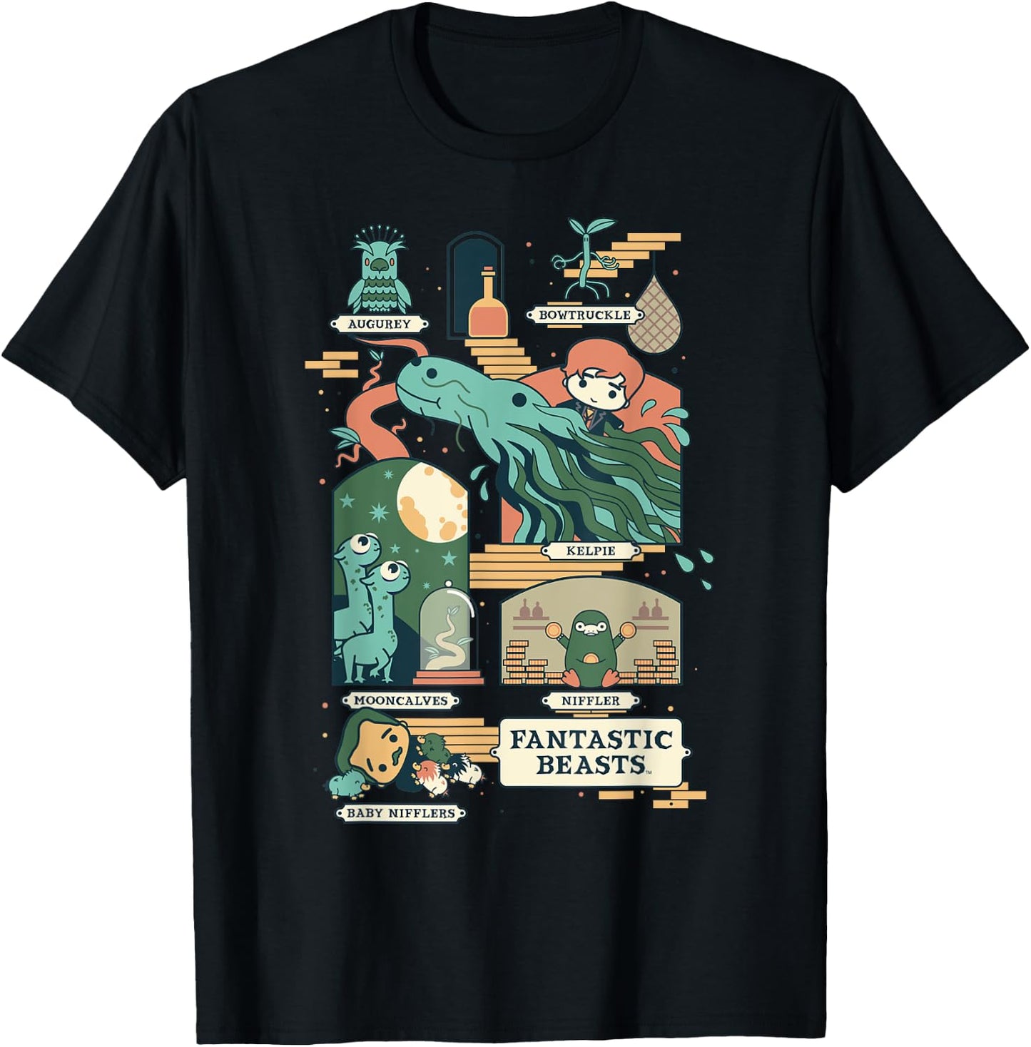 Fantastic Beasts Group Chibi Poster Front And Back T-Shirt - T-Shirt | Black