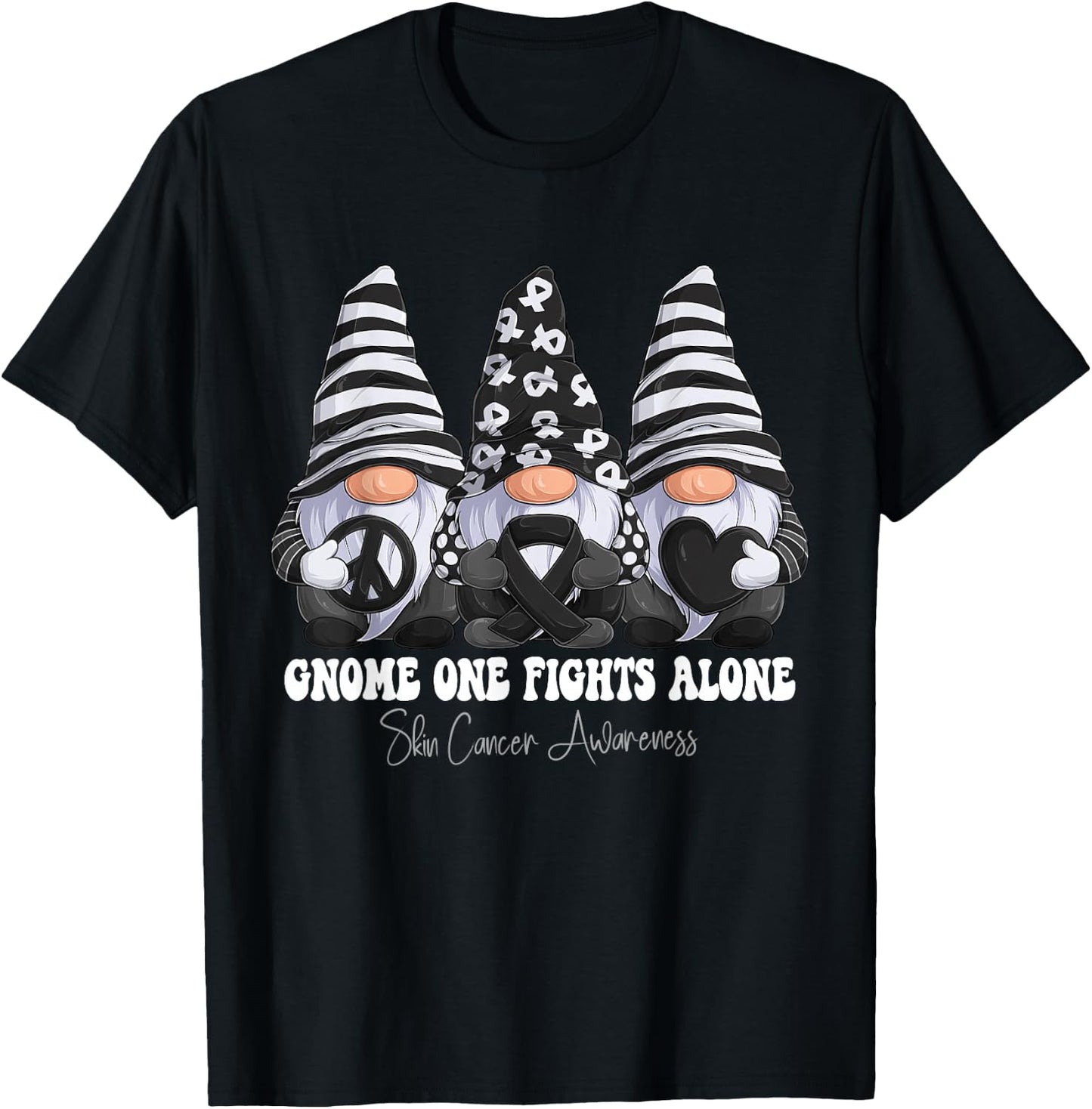 Skin Cancer Awareness Month Black Ribbon Gnomies Support T-Shirt - T-Shirt | Black