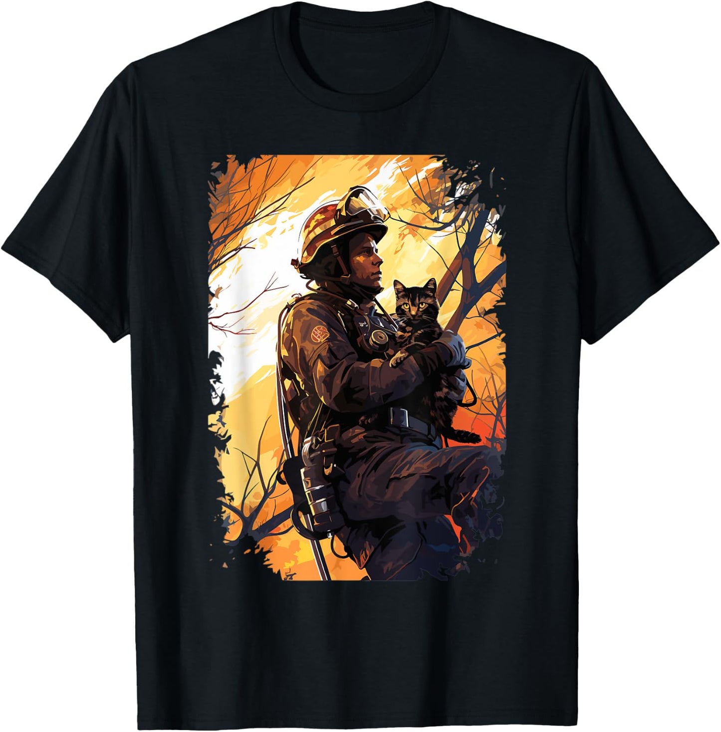Firefighter Saving A Cat - Firefighter & Fireman T-Shirt - T-Shirt | Black