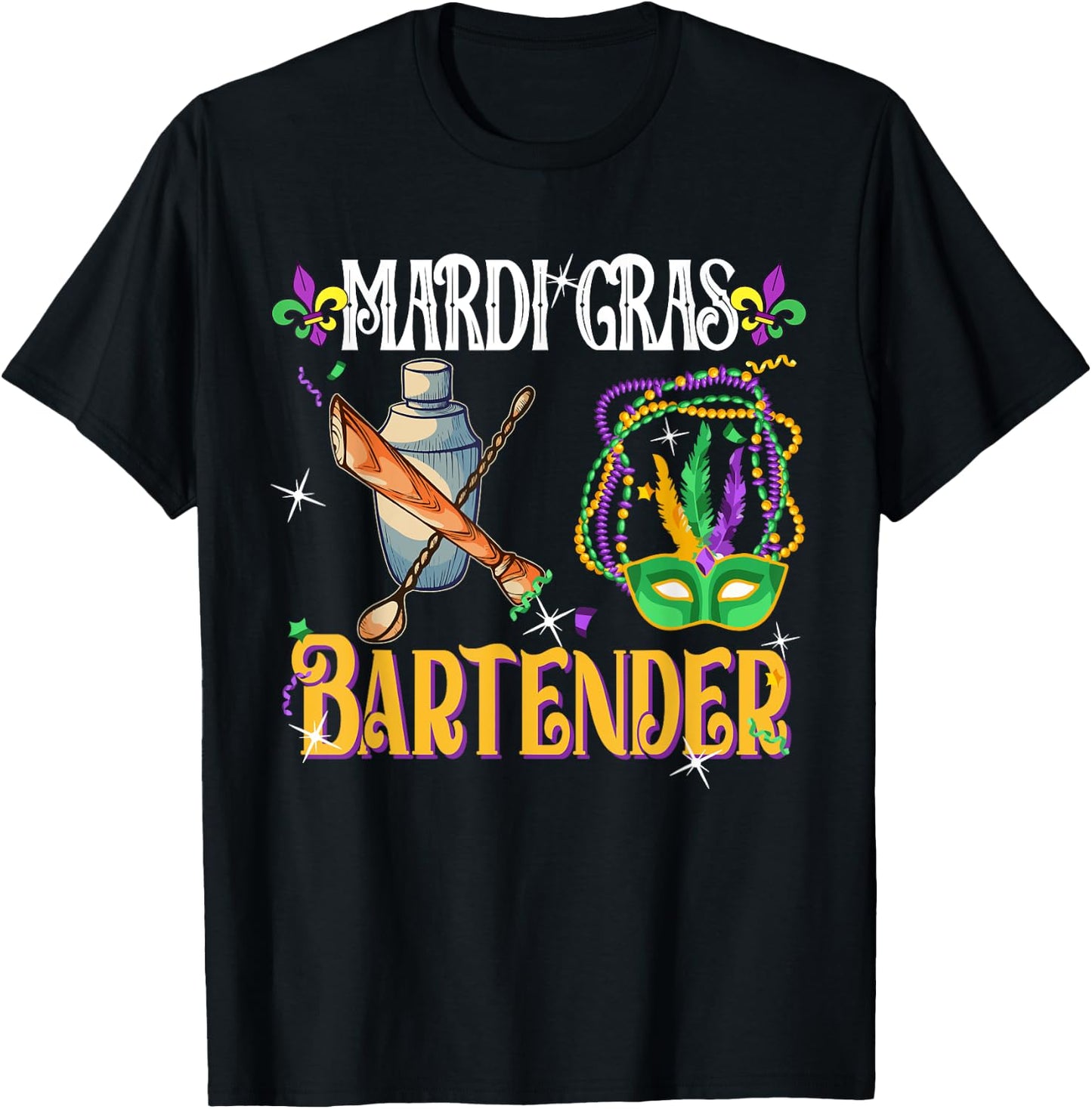 Mardi Gras Bartender Cute Masked Beads Funny Bartender Lover T-Shirt - T-Shirt | Black