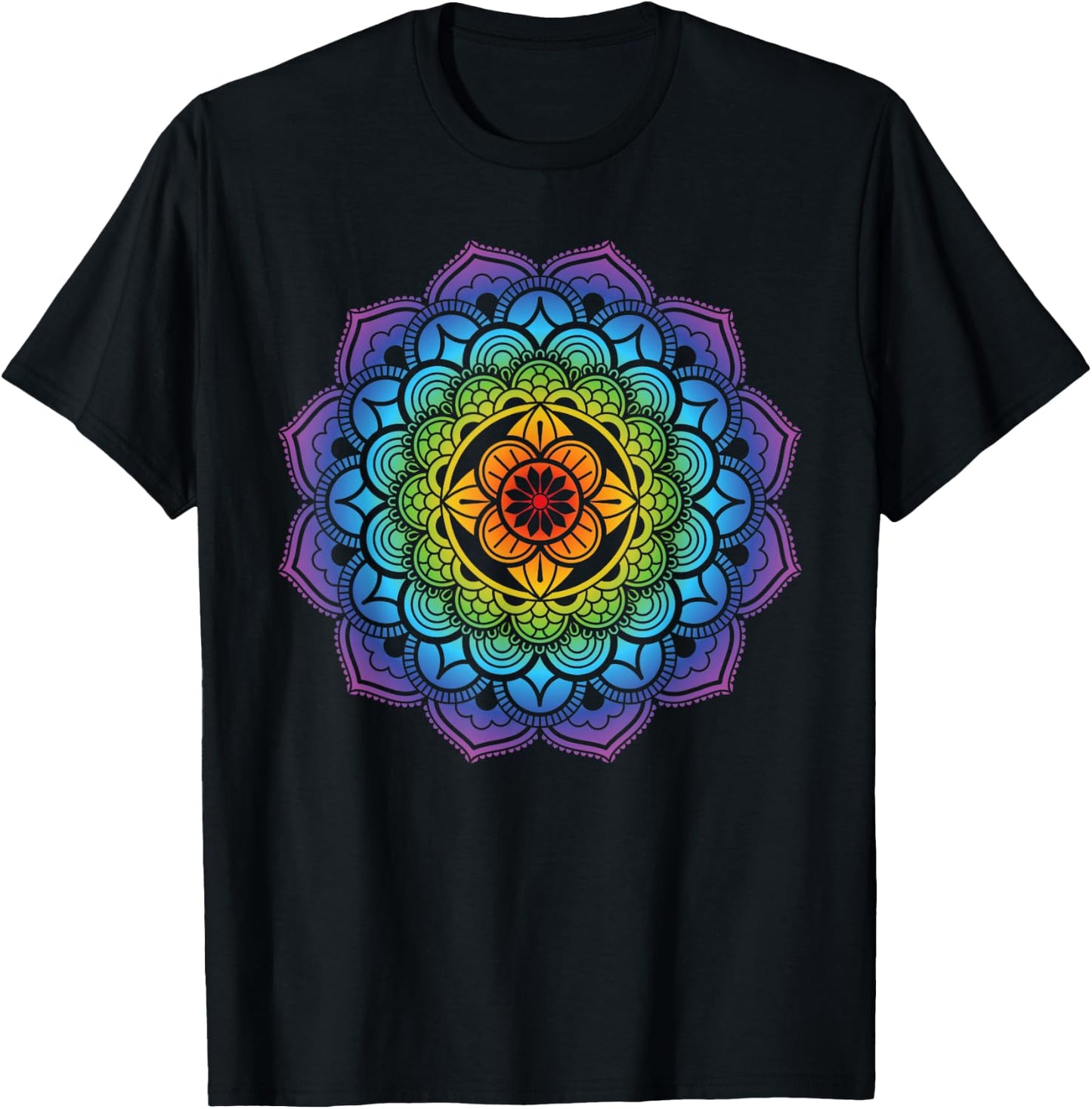 Mandala Buddhism Mindfulness Meditation Yoga Rainbow Boho T-Shirt - T-Shirt | Black