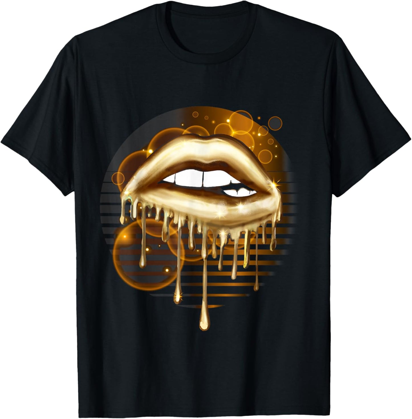 Gold Dripping Biting Lips Faux Lipstick Effect 80s Gift T-Shirt - T-Shirt | Black