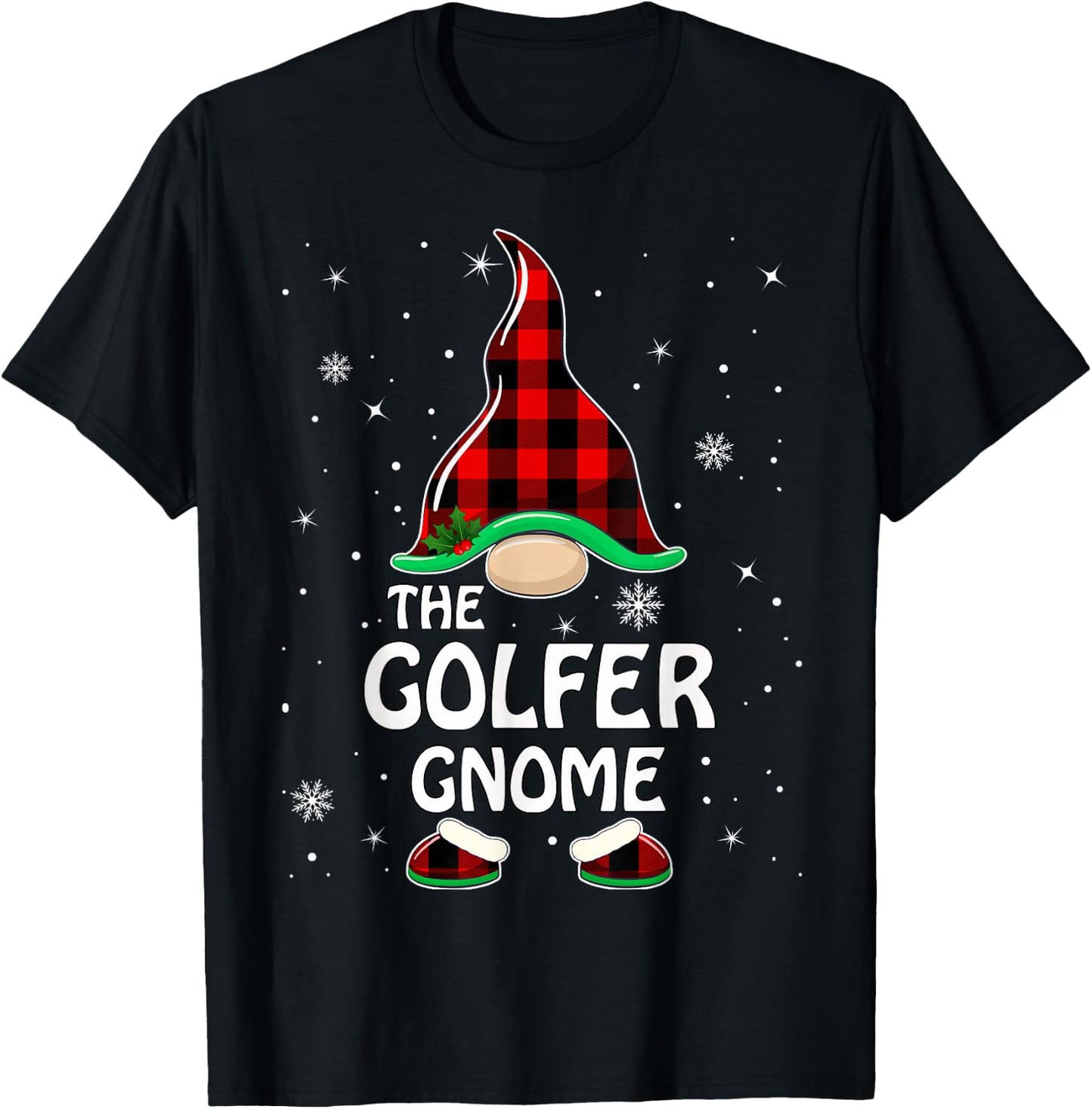 Golfer Gnome Buffalo Plaid Matching Family Christmas Pajama T-Shirt - T-Shirt | Black