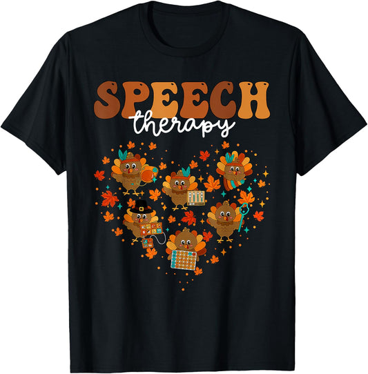Speech Therapy Turkey Heart SLP Therapist Fall Thanksgiving T-Shirt - T-Shirt | Black