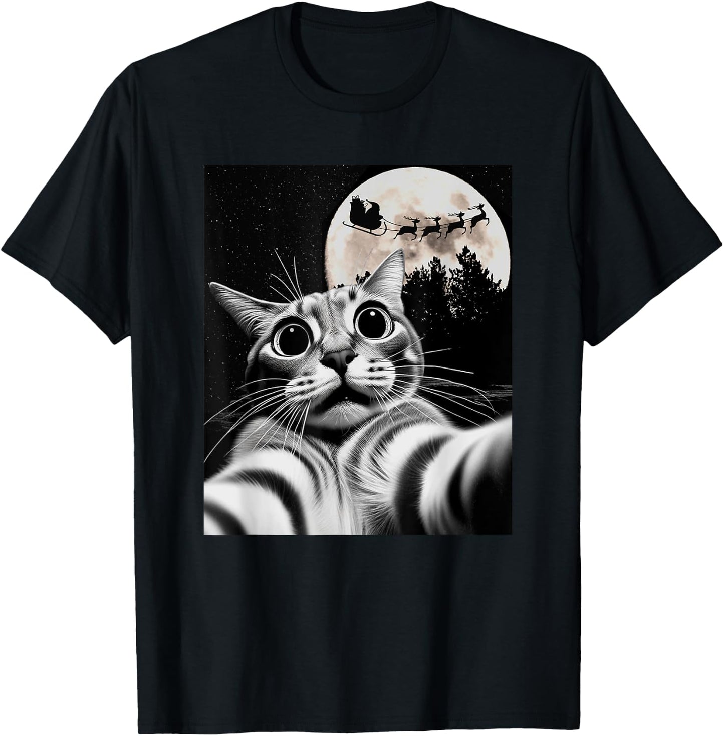 Men Women Kids Christmas Proof Santa is Real Cat Selfie T-Shirt - T-Shirt | Black