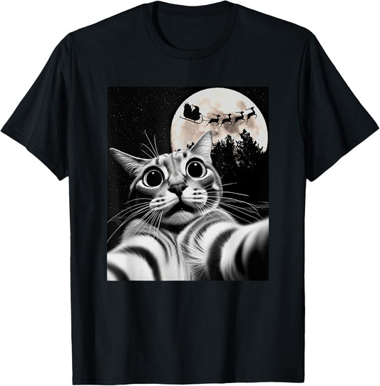 Men Women Kids Christmas Proof Santa is Real Cat Selfie T-Shirt - T-Shirt | Black