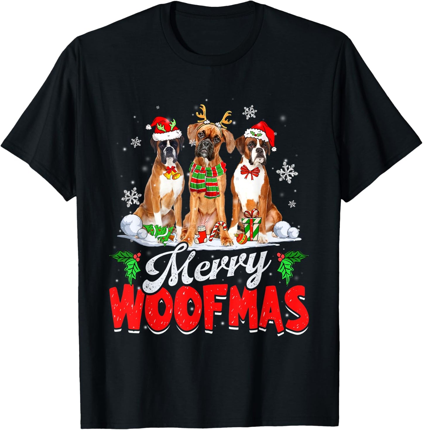 Merry Woofmas Boxer Dog Christmas Dog Lover Xmas T-Shirt - T-Shirt | Black