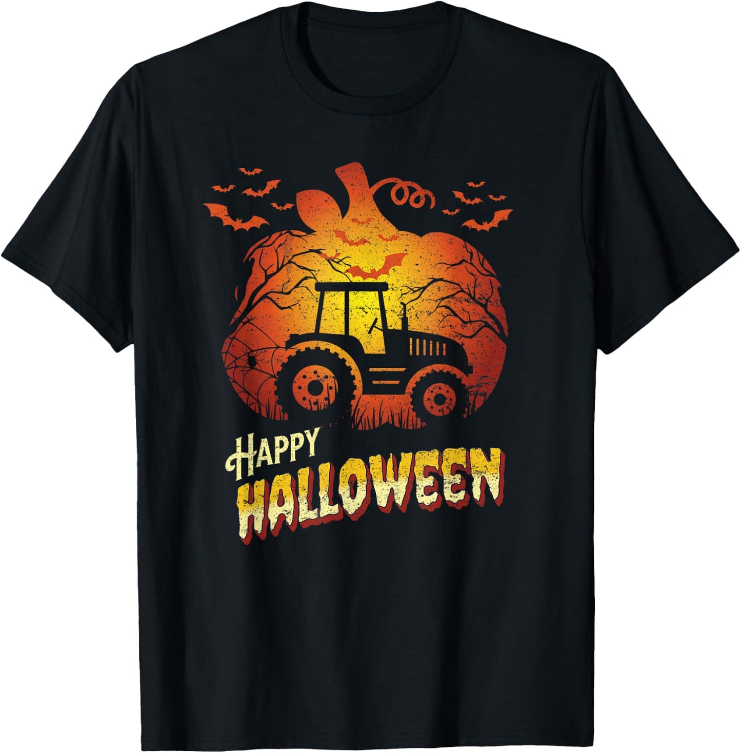 Tractor Silhouette Happy Halloween Farming Farmer Farm T-Shirt - T-Shirt | Black