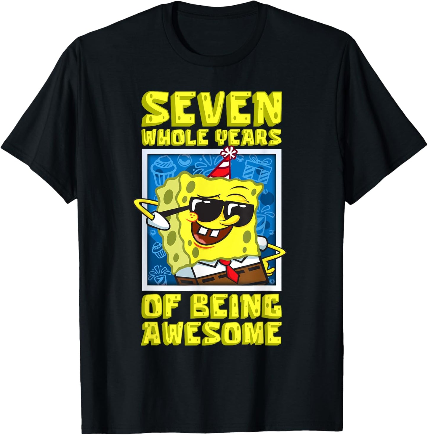 Mademark x SpongeBob SquarePants - SpongeBob Seven Years of Being Awesome Boy 7th Birthday Gift T-Shirt - T-Shirt | Black
