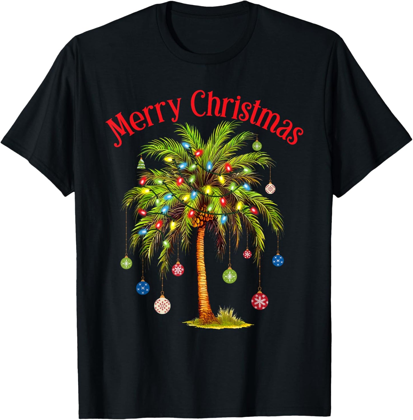 Merry Christmas Palm Tree Light Hawaiian Tropical Christmas T-Shirt - T-Shirt | Black