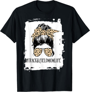 Track and Field Mom Life Messy Bun Leopard T-Shirt - T-Shirt | Black