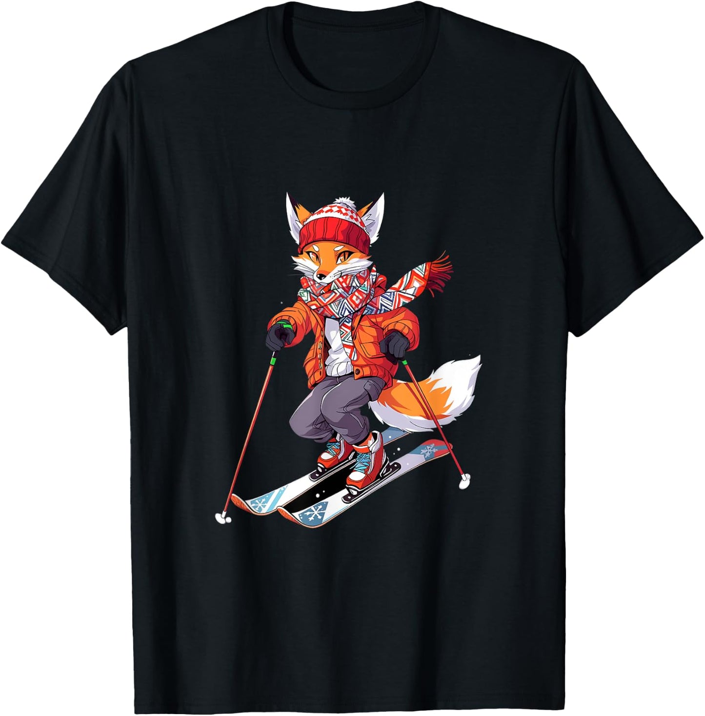 Fox Skiing Skier Ski Winter Snow T-Shirt - T-Shirt | Black