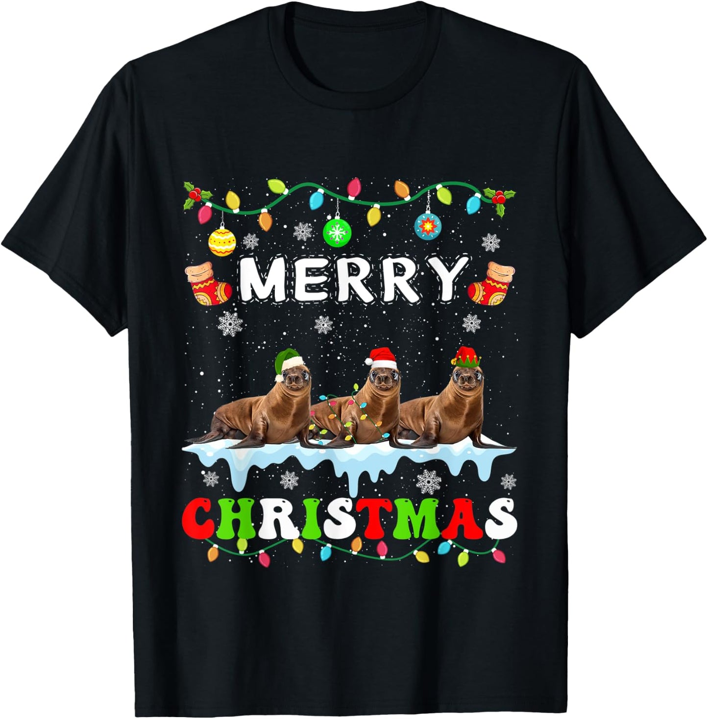 Funny Sea lion Christmas Squad Xmas Women Men Kids T-Shirt - T-Shirt | Black