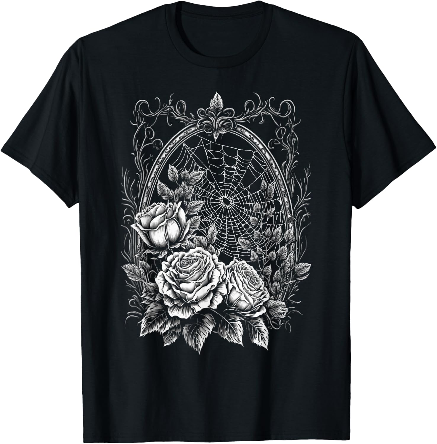 Spider Web With Frame And Roses Halloween Goth Nature Witch T-Shirt - T-Shirt | Black