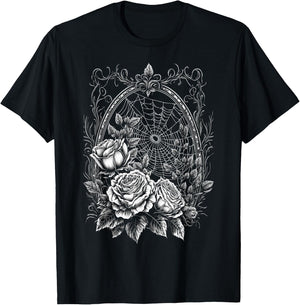 Spider Web With Frame And Roses Halloween Goth Nature Witch T-Shirt - T-Shirt | Black