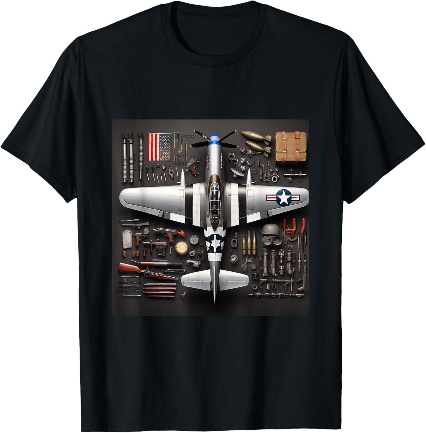 WW2 Warplane P51 Mustang Assembly Parts Blueprint T-Shirt - T-Shirt | Black