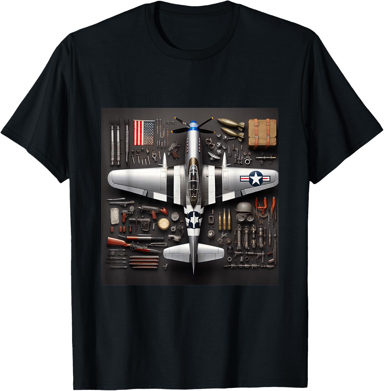 WW2 Warplane P51 Mustang Assembly Parts Blueprint T-Shirt - T-Shirt | Black