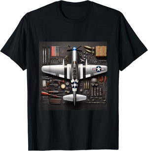 WW2 Warplane P51 Mustang Assembly Parts Blueprint T-Shirt - T-Shirt | Black
