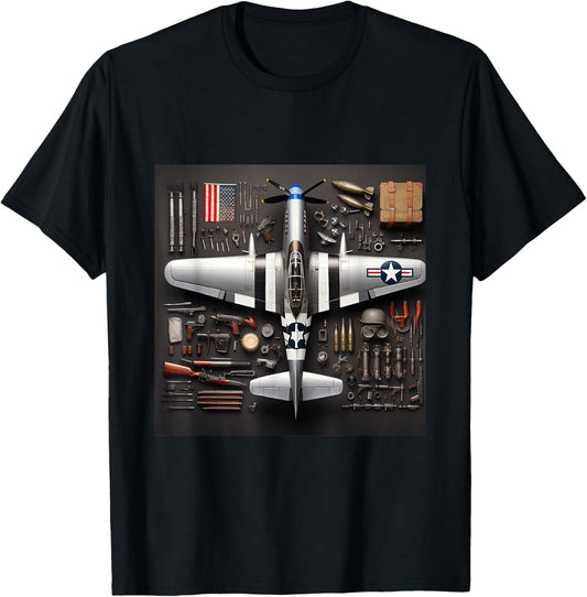 WW2 Warplane P51 Mustang Assembly Parts Blueprint T-Shirt - T-Shirt | Black