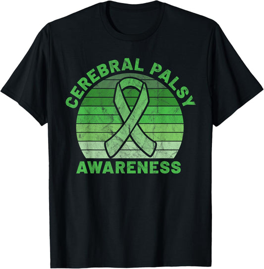 CP Green Ribbon Retro Sunset Cerebral Palsy Awareness T-Shirt - T-Shirt | Black