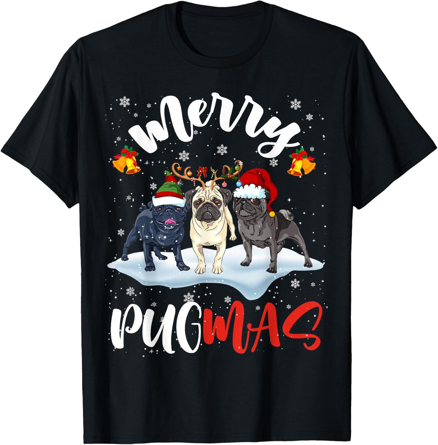 Merry Pugmas Funny Santa Reindeer Elf Pug Dog Christmas T-Shirt - T-Shirt | Black