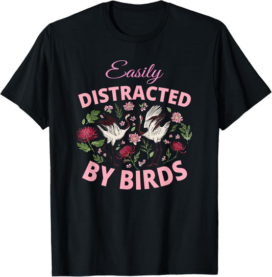 Bird Watching Binoculars Bird Species Distracted Flowers T-Shirt - T-Shirt | Black