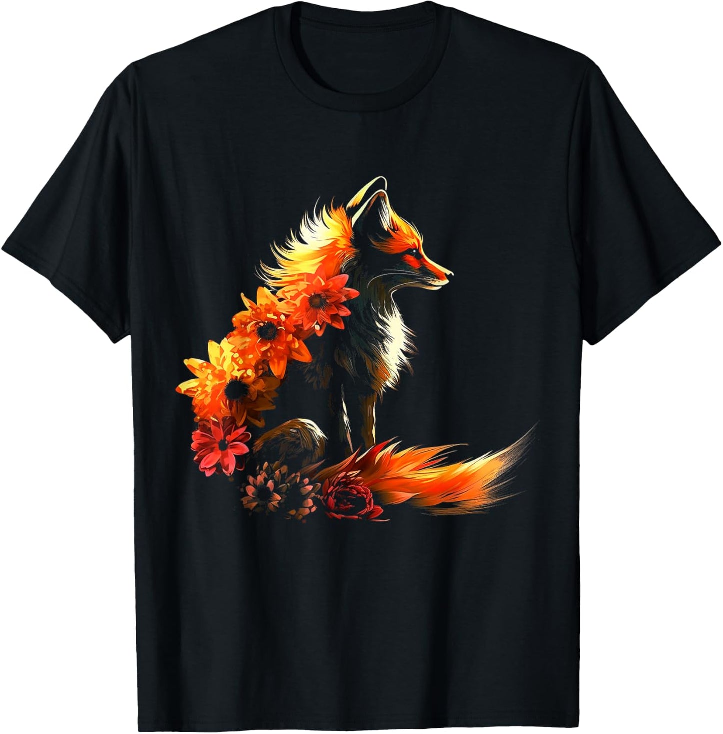Fox Flowers - Artificial Animal Fox T-Shirt - T-Shirt | Black