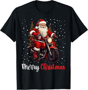 Merry Christmas Santa Riding Motorcycle Biker Xmas Party T-Shirt - T-Shirt | Black